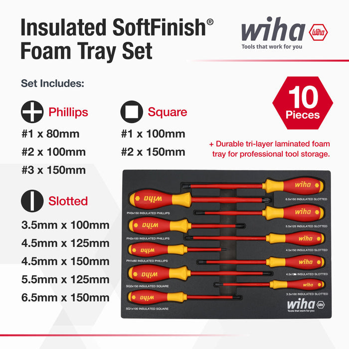 10 Piece Insulated SoftFinish Cushion Grip Screwdriver Tray Set
