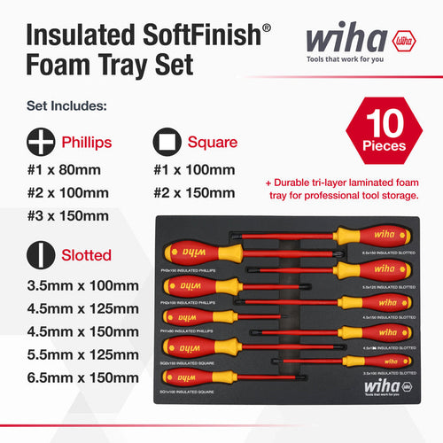 10 Piece Insulated SoftFinish Cushion Grip Screwdriver Tray Set