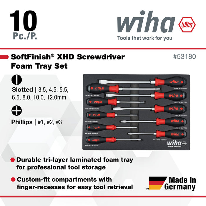 10 Piece SoftFinish XHeavy Duty Cushion Grip Screwdriver Tray Set