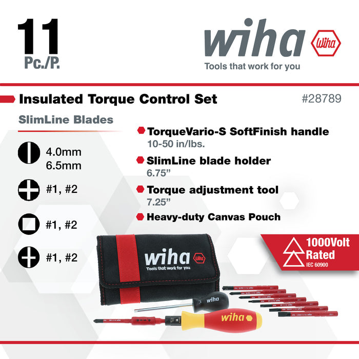 11 Piece Insulated TorqueVario-S (10-50 In/lbs) and SlimLine Blade Set