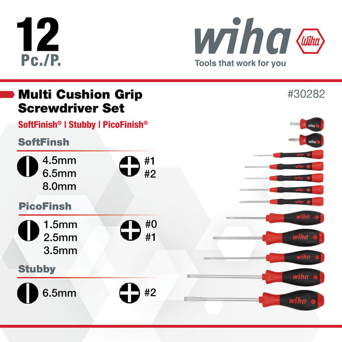 12 Piece Screwdriver Set - PicoFinish Precision, SoftFinish Standard and Stubby