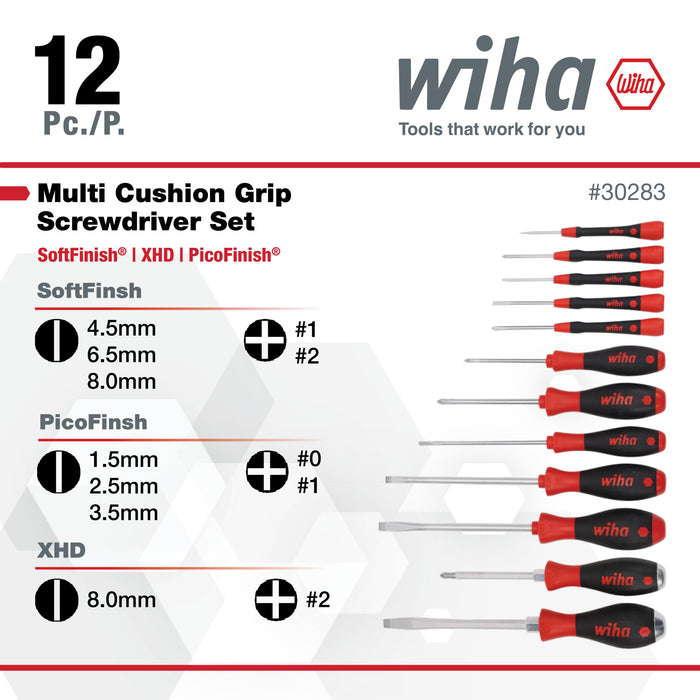 12 Piece Screwdriver Set - PicoFinish Precision, SoftFinish Standard and XHeavy Duty