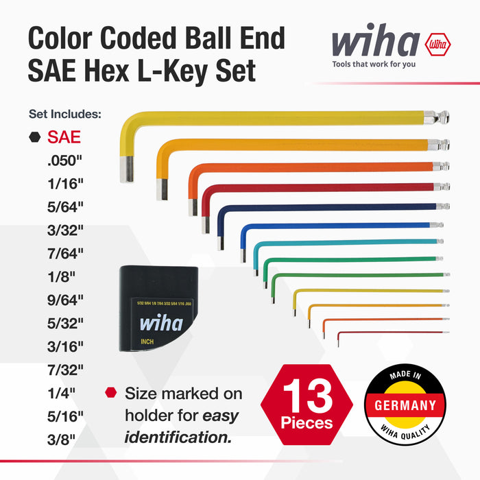 13 Piece Ball End Color Coded Hex L-Key Set - Inch