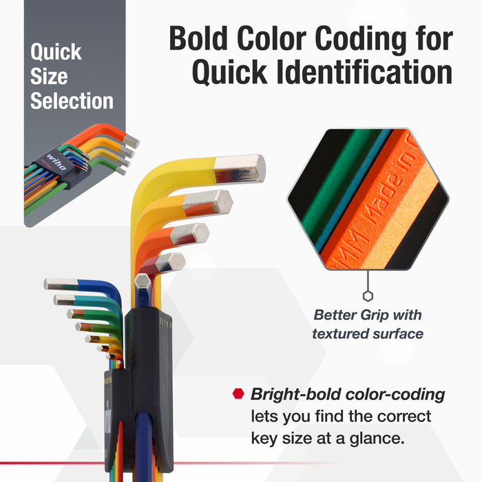 13 Piece Ball End Color Coded Hex L-Key Set - Inch