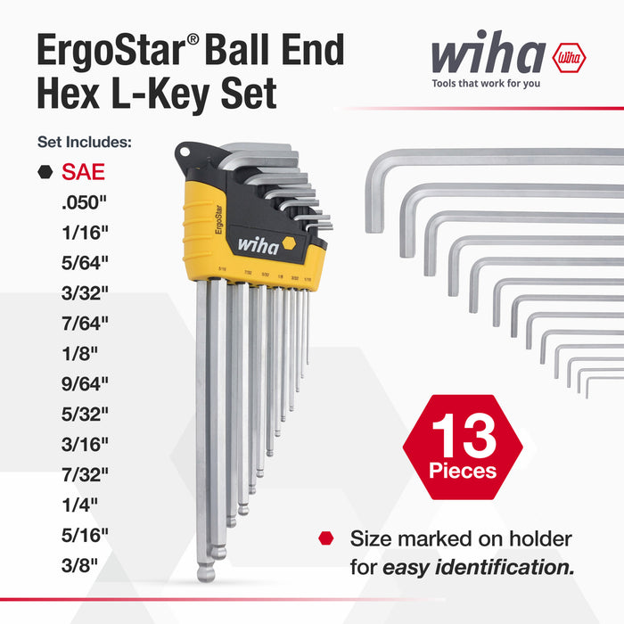 13 Piece ErgoStar Ball End Hex L-Key Set - Inch