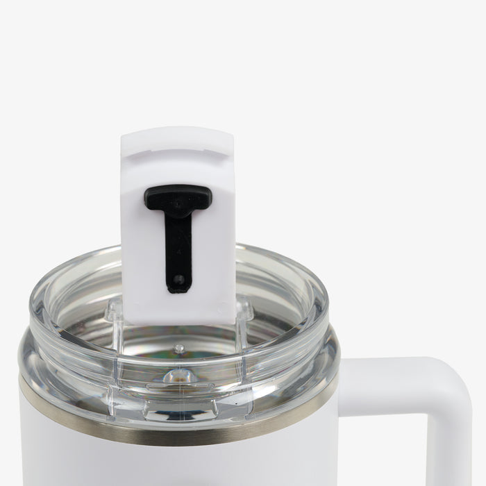 Lid Open View | 15 Oz Coffee Mug::White::Leakproof Flip ‘n’ Sip lid