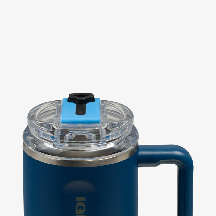 Lid Open View | 18 Oz Flip ‘n’ Sip Travel Mug::Blue Shale::Hot/cold compatible