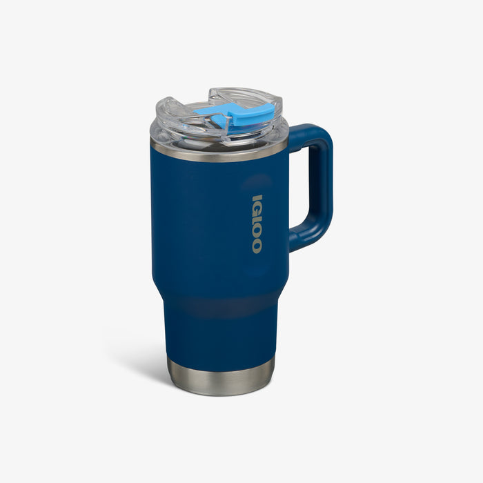 Angle View | 18 Oz Flip ‘n’ Sip Travel Mug::Blue Shale::No-look-sip indicator