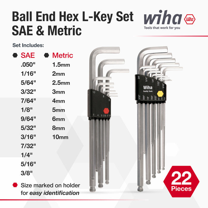22 Piece Ball End Hex L-Key Set - Inch - Metric