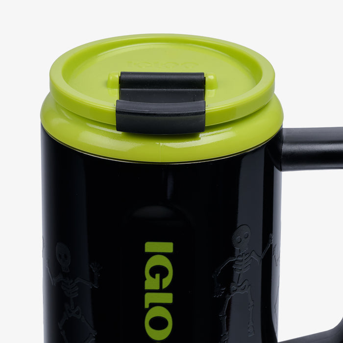 Angle View | 32 Oz Flip ‘n’ Sip Travel Mug::Skeleton Glow::Leakproof Flip ‘n’ Sip lid
