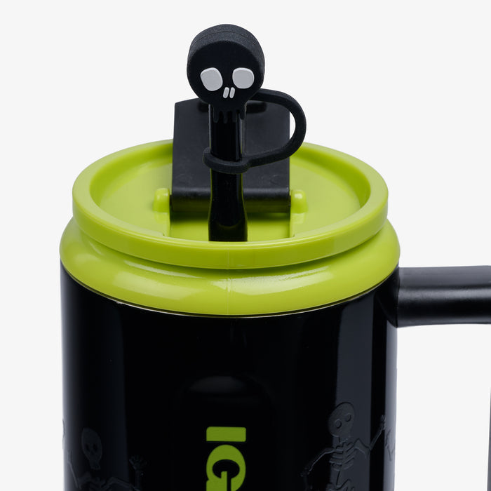 Angle View | 32 Oz Flip ‘n’ Sip Travel Mug::Skeleton Glow::Gasketed, leak-resistant straw