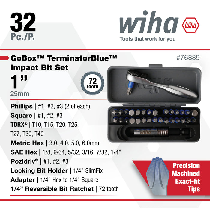 32 Piece GoBox TerminatorBlue Impact Bit Set with Mini Ratchet