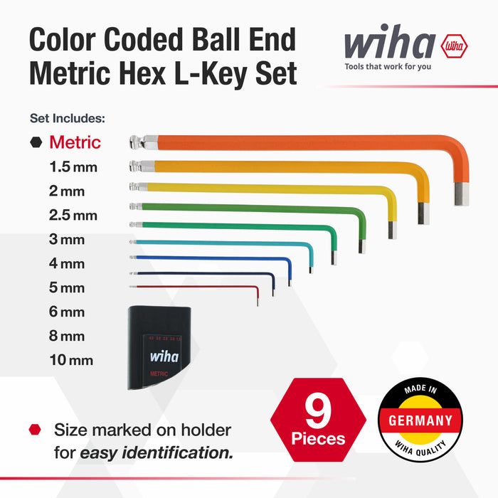9 Piece Ball End Color Coded Hex L-Key Set - Metric