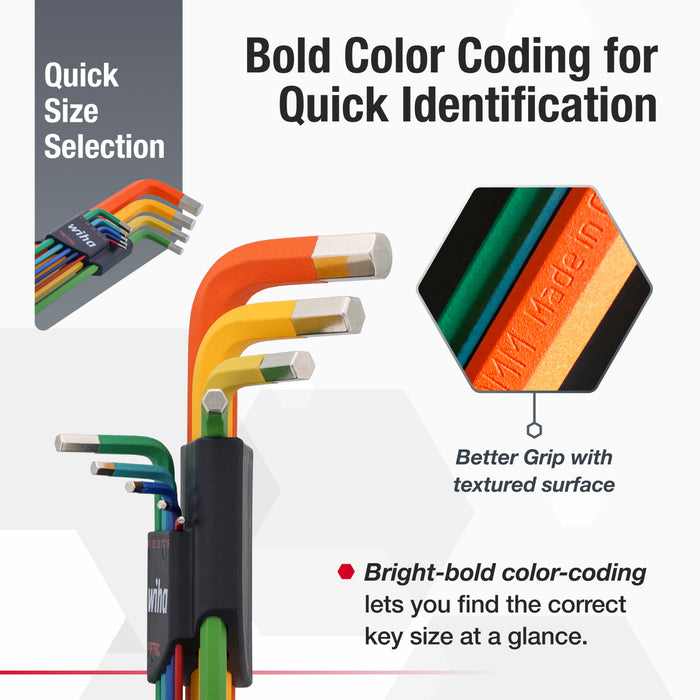 9 Piece Ball End Color Coded Hex L-Key Set - Metric