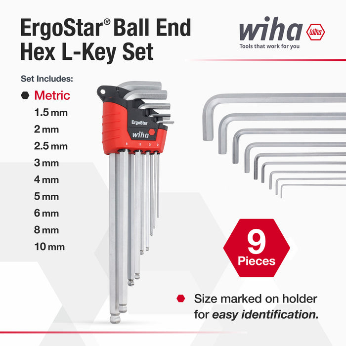 9 Piece ErgoStar Ball End Hex L-Key Set - Metric