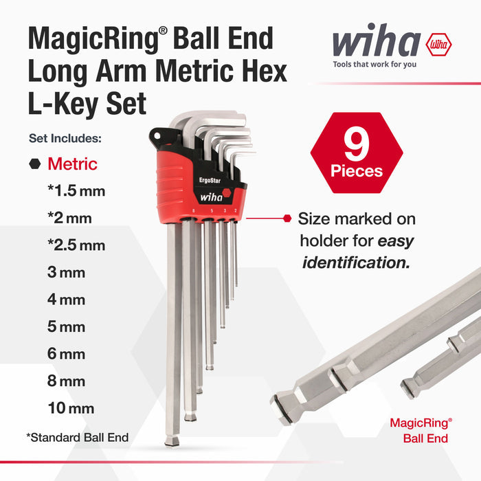 9 Piece MagicRing Ball End Long Arm Hex L-Key Set - Metric