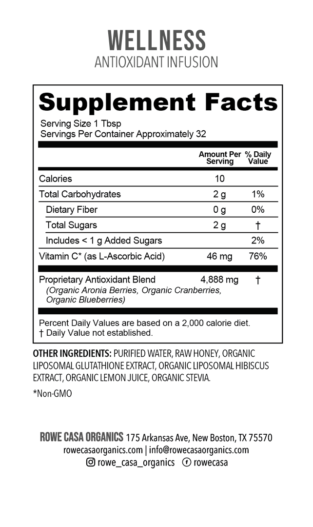 Supplement Facts for Antioxidant Infusion featuring Aronia berries, cranberries, blueberries, Vitamin C, and liposomal glutathione.