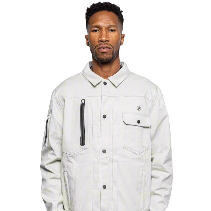 Male model wearing Anvil Chore Jacket in chalk colorway. @color_chalk