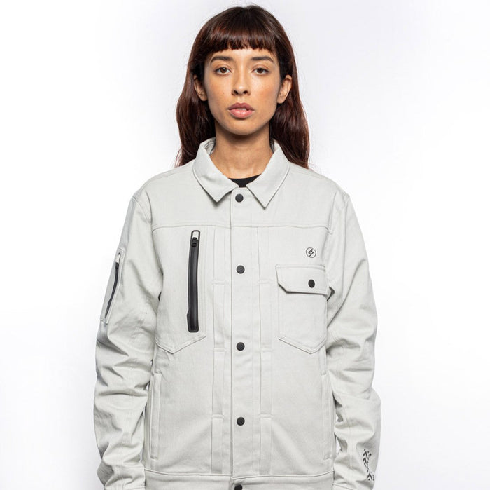 Female model wearing Anvil Chore Jacket in chalk colorway. @color_chalk