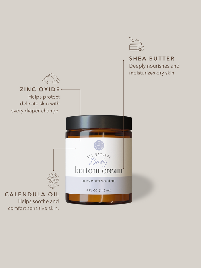 Natural ingredients for sensitive baby skin: zinc oxide, calendula oil, and shea butter in a baby bottom cream for diaper rash.