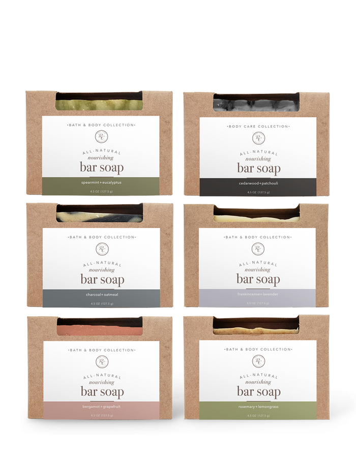 Natural bar soap in six essential oil scents: Spearmint + Eucalyptus, Cedarwood + Patchouli, Charcoal + Oatmeal, Frankincense + Lavender, Bergamot + Grapefruit, and Rosemary + Lemongrass.