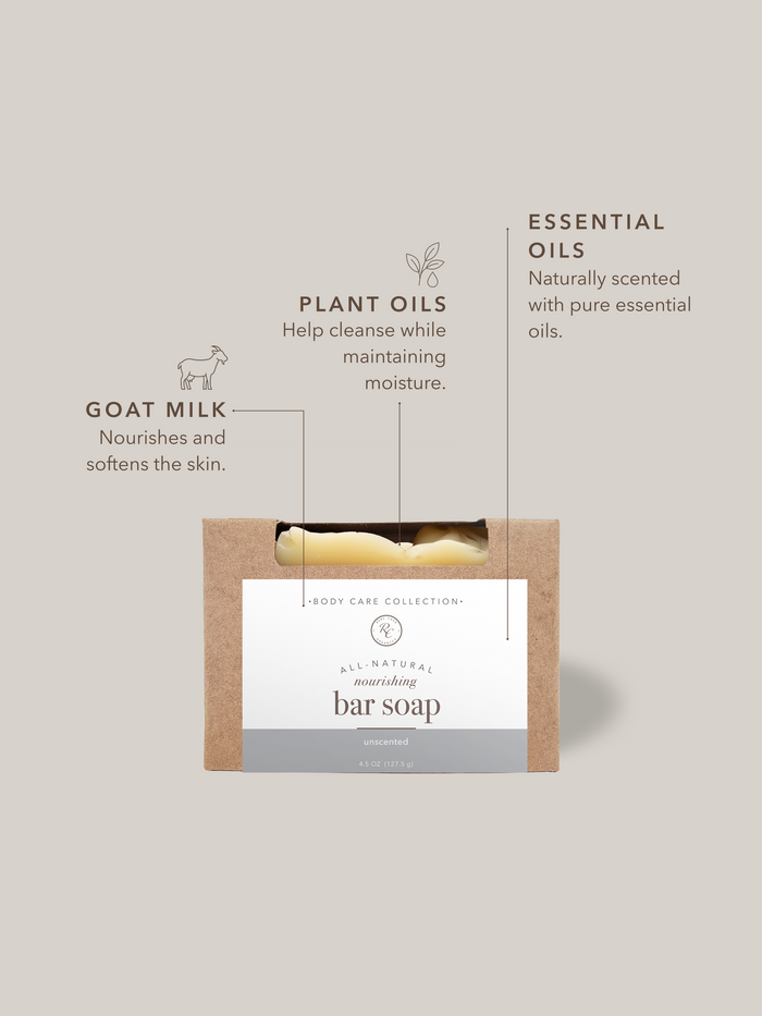 Natural goat milk bar soap made with nourishing plant oils and pure essential oils for a gentle, moisturizing cleanse.