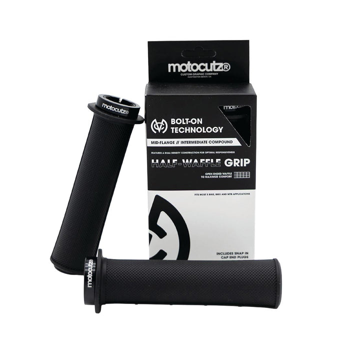 MotoCutz Mid Flange Bolt-On Grips in Black with packaging.