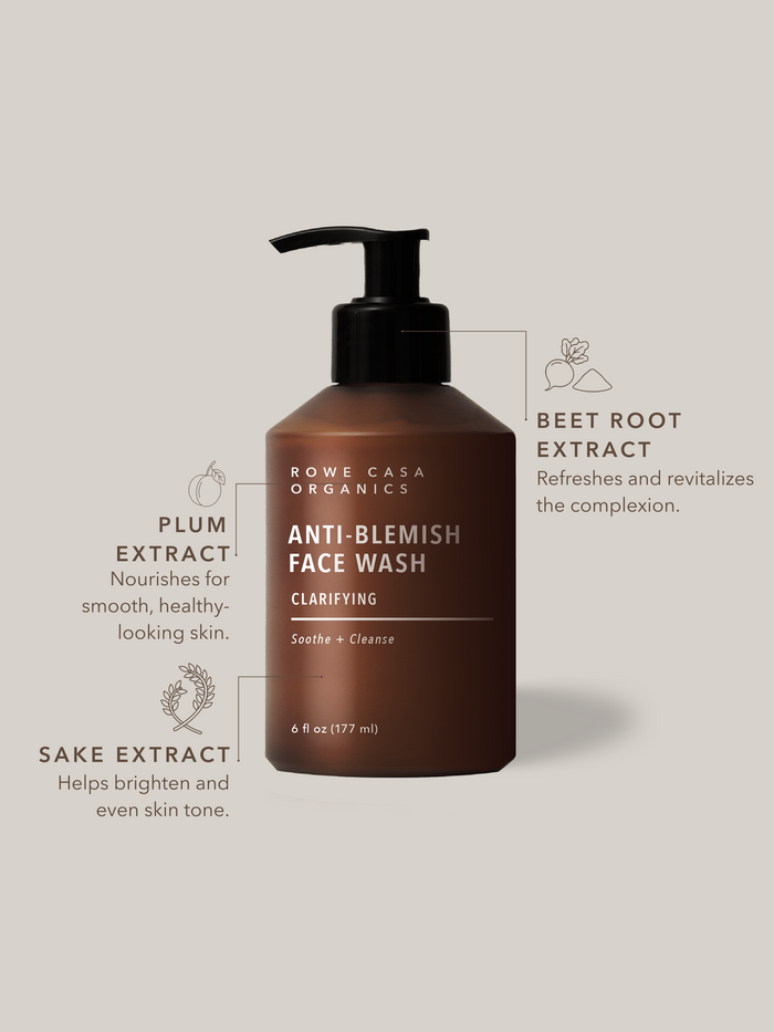 "Natural face wash with plum extract, beet root extract, and sake extract for clearer skin."