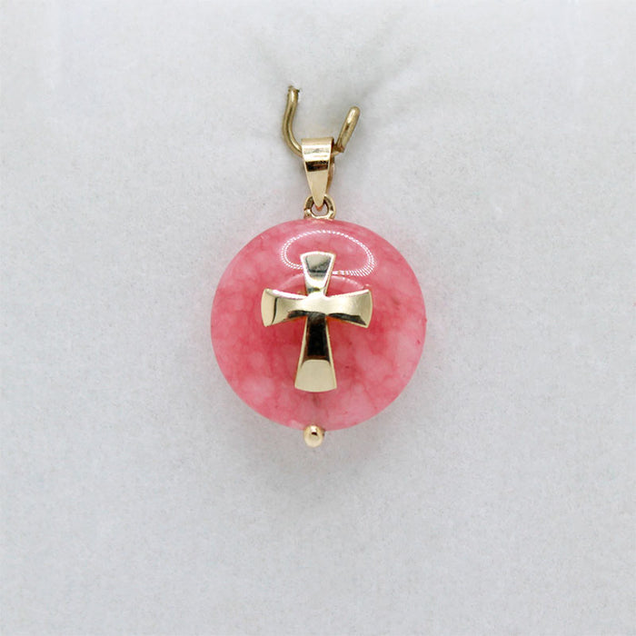 Dije de Cruz en Piedra Rosada y Oro 14k