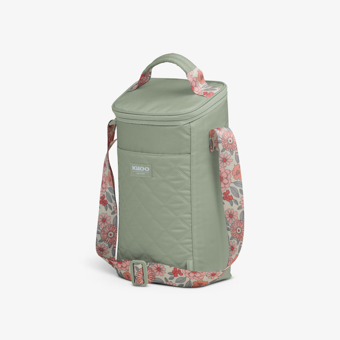 Angle View | Floral MaxCold® DUO Vertical Crossbody Cooler Bag::Sage::Diamond-quilted panel