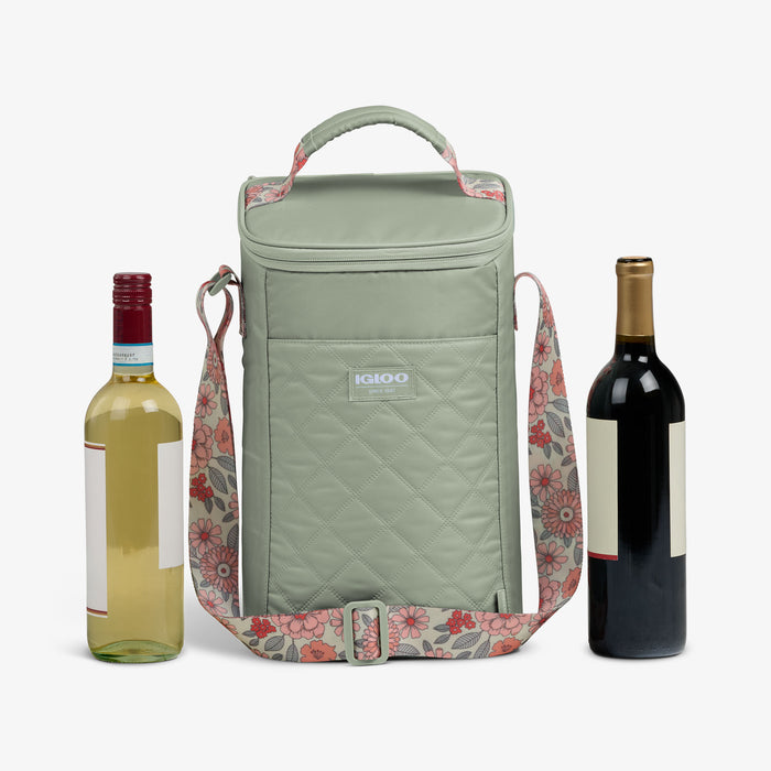Size View | Floral MaxCold® DUO Vertical Crossbody Cooler Bag::Sage::Holds 2 wine bottles