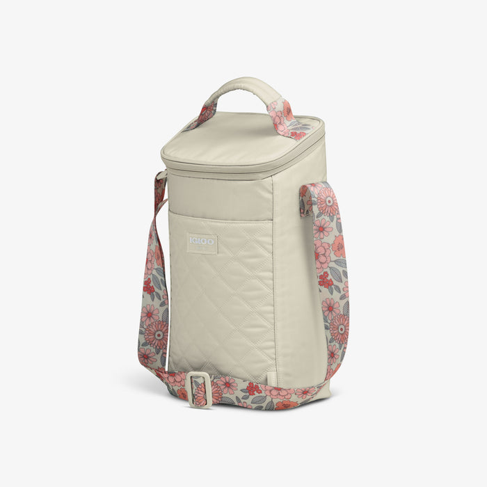 Angle View | Floral MaxCold® DUO Vertical Crossbody Cooler Bag::Linen::Diamond-quilted panel