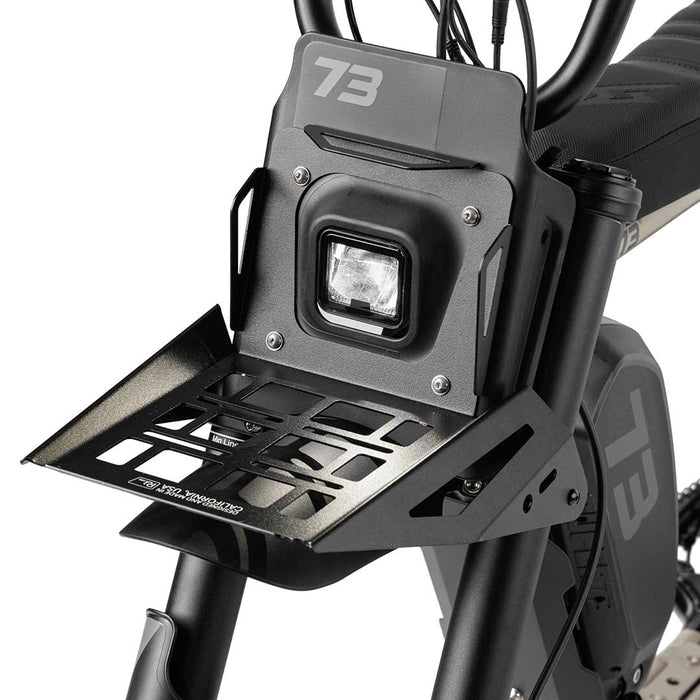 Front view of the IrvLabs Front Utility Tray installed on a SUPER73 ebike