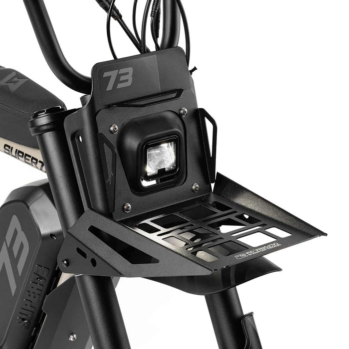 Alternate front view of the IrvLabs Front Utility Tray installed on a SUPER73 ebike
