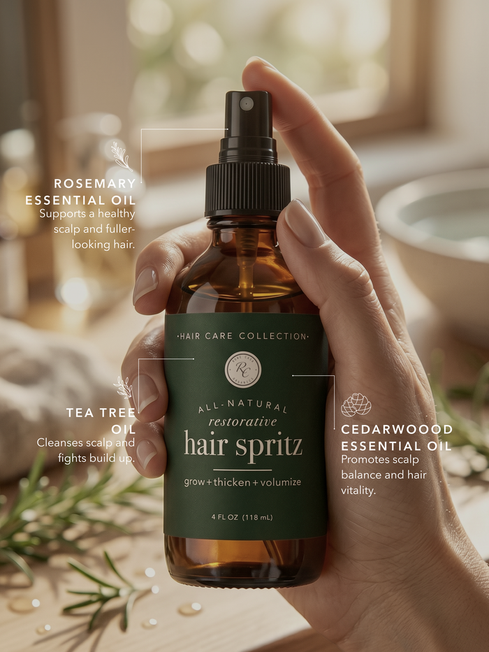 Hair Growth Spray with rosemary, tea tree, cedarwood, and lavender essential oils to complement your daily hair care routine for thinning hair and a healthy scalp.