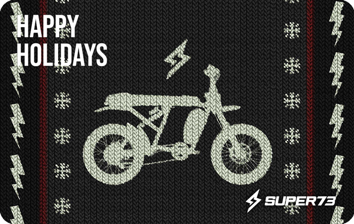 eGift Card image of a SUPER73 ebike in a knit sweater pattern. @style_super sweater