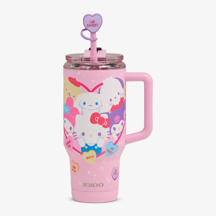 Front View | Hello Kitty® and Friends x Sweethearts® Candies 32 Oz Travel Mug::::Conversation heart straw topper