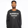 Male model front view of black Premium long sleeve athletic moto hoon jersey. @color_black