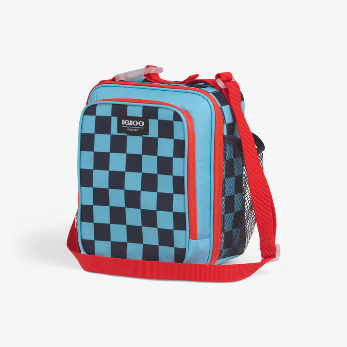 Angle View | Kids Everyday Lunch Vertical Cooler Bag::Checkers::Storage pockets