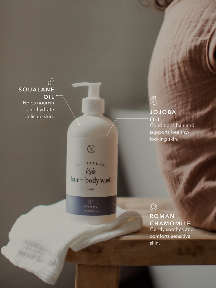 Natural ingredients for kids' sensitive skin and hair: squalane oil, jojoba oil, and Roman chamomile in a gentle 2-in-1 hair and body wash.