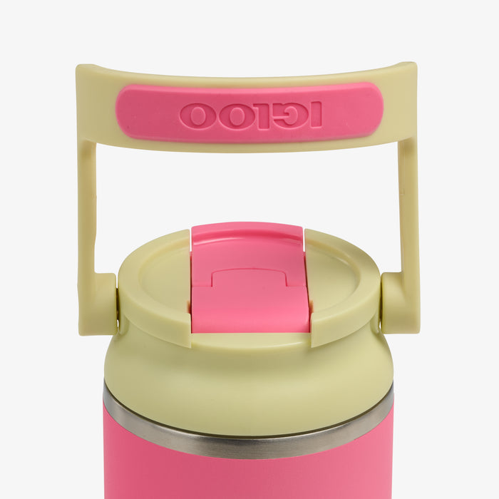 Handle View | Kids Lunch 12 Oz Sipper Bottle::Thrift Pink::Leakproof lid w/swing-up handle