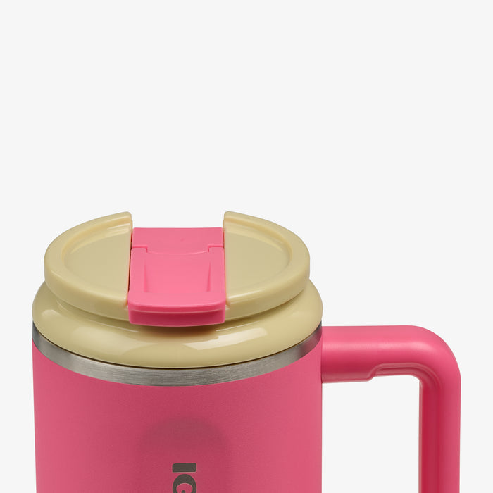Lid Closed View | Kids Lunch 18 Oz Travel Mug::Thrift Pink::Leakproof lid