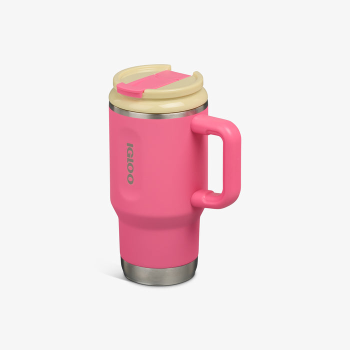 Angle View | Kids Lunch 18 Oz Travel Mug::Thrift Pink::Side handle