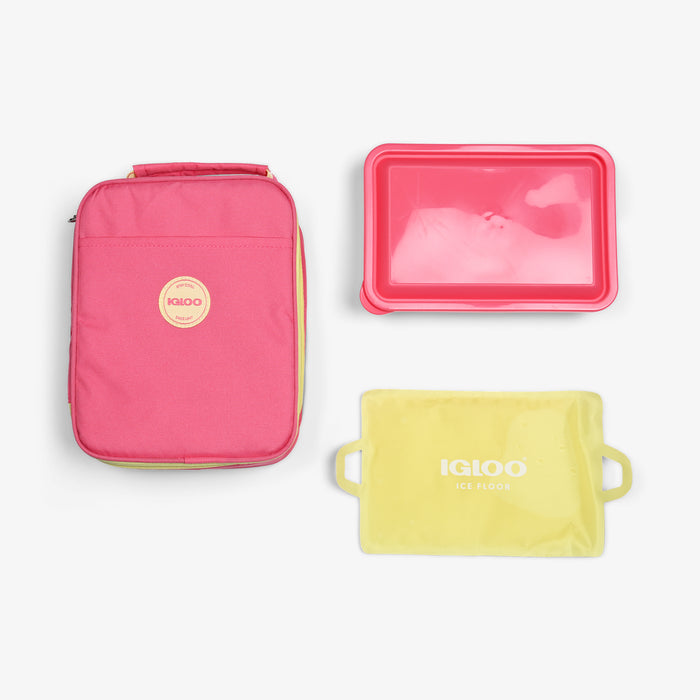 Lay Flat View | Kids Lunch Vertical Cooler Bundle (Bento Box + Ice Floor)::Thrift Pink::Bento box + refreezable ice floor