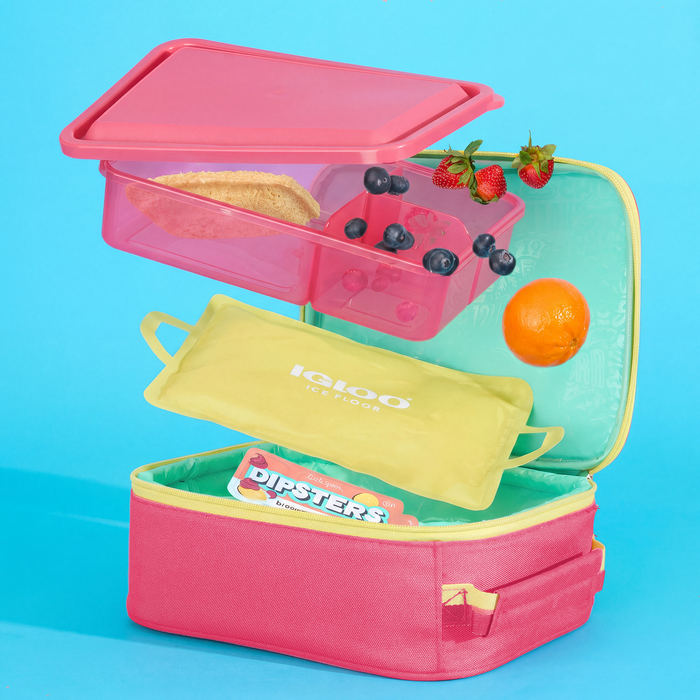 Lay Flat View | Kids Lunch Vertical Cooler Bundle (Bento Box + Ice Floor)::Thrift Pink::