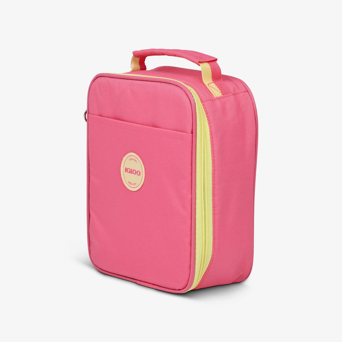 Angle View | Kids Lunch Vertical Cooler Bundle (Bento Box + Ice Floor)::Thrift Pink::Storage pocket