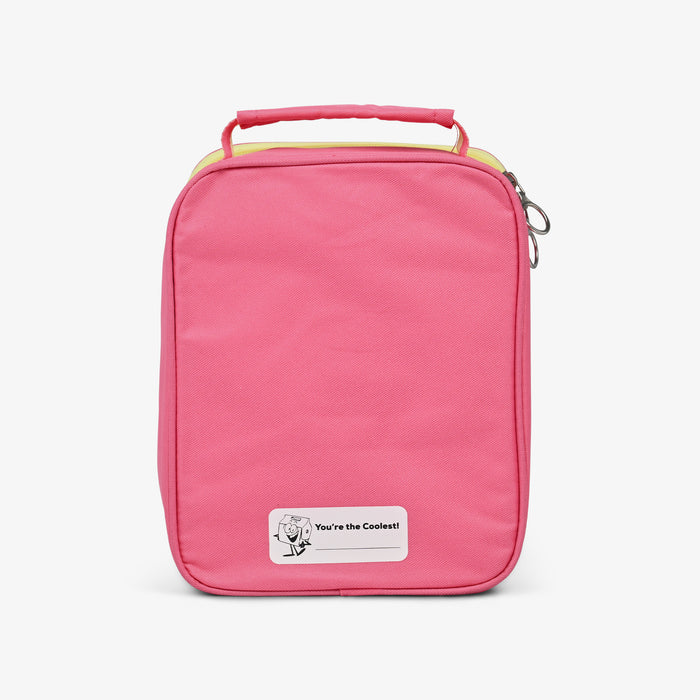 Back View | Kids Lunch Vertical Cooler Bundle (Bento Box + Ice Floor)::Thrift Pink::Name personalization