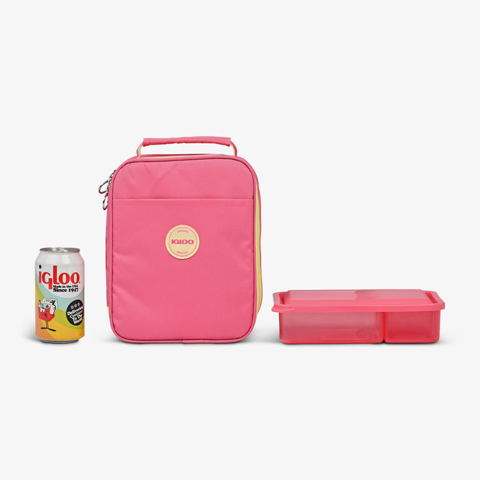 Size View | Kids Lunch Vertical Cooler Bundle (Bento Box + Ice Floor)::Thrift Pink::Holds up to 4 cans