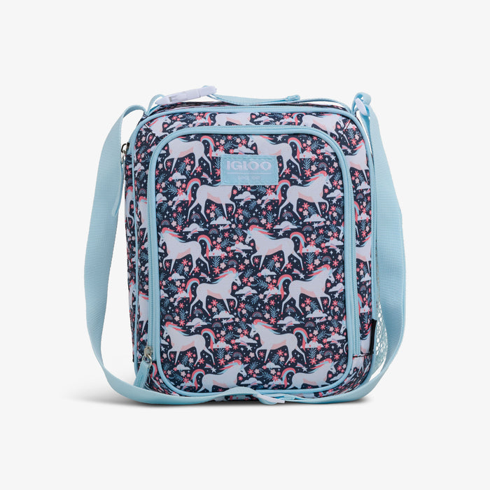 Front View | Kids Lunch Vertical Cooler + Bento Box::Unicorns::Water-resistant exterior