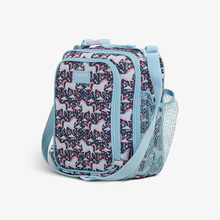 Angle View | Kids Lunch Vertical Cooler + Bento Box::Unicorns::Storage pockets
